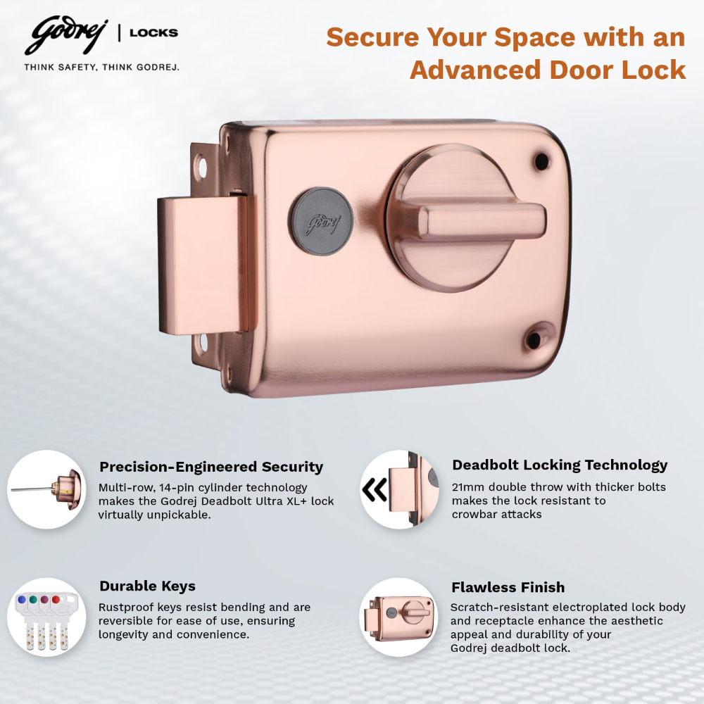 Godrej Rim Lock I Rim Deadbolt Ultra XLplus I 1CK Deadbolt I for Inside Opening Wooden Door | Left or Right Handed Doors I 4 Keys I 5-Year Warranty I Manual Locking l Rose Gold Finish